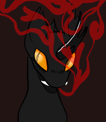 Size: 700x800 | Tagged: safe, artist:maggot, oc, oc only, changeling, bust, fangs, heart, sharp teeth, simple background, slit pupils, solo, teeth, yellow changeling
