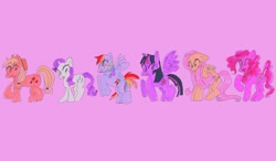Size: 1080x629 | Tagged: safe, artist:slugtrain, applejack, fluttershy, pinkie pie, rainbow dash, rarity, twilight sparkle, alicorn, earth pony, pegasus, pony, unicorn, g4, female, floating wings, folded wings, looking back, mane six, mare, marker drawing, open mouth, open smile, pink background, raised hoof, rearing, shy, simple background, smiling, spread wings, traditional art, twilight sparkle (alicorn), wings