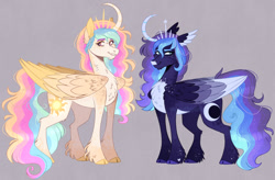 Size: 1280x838 | Tagged: safe, artist:wanderingpegasus, princess celestia, princess luna, alicorn, pony, g4, beard, chest fluff, cloven hooves, colored wings, curved horn, ear fluff, facial hair, gray background, horn, multicolored wings, redesign, royal sisters, siblings, simple background, sisters, unshorn fetlocks, wing ears, wings