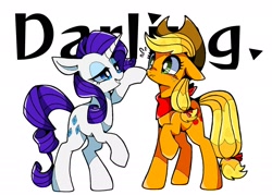 Size: 1748x1250 | Tagged: safe, artist:stacy_165cut, applejack, rarity, earth pony, pony, unicorn, g4, boop, darling, duo, female, looking at each other, looking at someone, mare, raised hoof, red bandana, simple background, smiling, text, white background