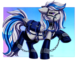 Size: 3130x2408 | Tagged: safe, artist:pridark, oc, oc only, oc:lady lightning strike, pegasus, pony, series:the bridled herd, bdsm, bit, bit gag, bondage, bound wings, bridle, chains, clothes, collar, gag, harness, high res, latex, latex socks, lip bite, name tag, socks, solo, stockings, submissive, tack, thigh highs, wings