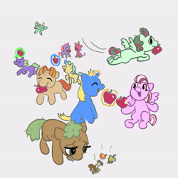 Size: 2800x2800 | Tagged: safe, artist:thunderpibb, earth pony, pegasus, pony, unicorn, apple, apple core, cafeteria, colt, dot eyes, drool, eating, eyes closed, female, filly, flying, foal, food, glowing, glowing horn, group, happy, high res, horn, levitation, magic, male, mouth hold, open mouth, open smile, rotten apple, rotten food, sad, simple background, sitting, smiling, stink lines, telekinesis, underhoof, white background