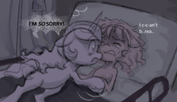 Size: 1195x687 | Tagged: safe, anonymous artist, izzy moonbow, sunny starscout, earth pony, pony, unicorn, series:anorexic sunny, g5, anorexia, anorexic, apology, bed, duo, emaciated, eyes closed, hospital, hospital bed, looking at someone, messy, ribs, skinny, starvation, thin