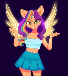 Size: 1702x1916 | Tagged: safe, artist:cherubisous, sunny starscout, alicorn, earth pony, anthro, g5, adorasexy, artificial wings, augmented, bare shoulders, belly button, blue background, breasts, clothes, cute, grin, lip bite, looking at you, magic, magic wings, mane stripe sunny, midriff, miniskirt, pleated skirt, race swap, sexy, short shirt, simple background, skirt, sleeveless, smiling, smiling at you, solo, sunnybetes, sunnycorn, tank top, thighs, wings