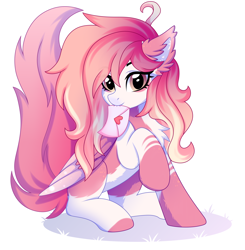 Size: 2500x2549 | Tagged: safe, artist:stesha, oc, oc only, oc:latandra sweetberry, pegasus, pony, ahoge, chest fluff, coat markings, colored pinnae, colored wings, commission, cute, ear fluff, female, folded wings, full body, heart, hearts and hooves day, high res, holiday, letter, looking at you, love letter, mare, mouth hold, pegasus oc, raised hoof, shadow, simple background, sitting, socks (coat markings), solo, two toned wings, valentine, valentine's day, white background, wings, ych result