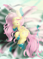Size: 1000x1385 | Tagged: safe, artist:pagophasia, derpibooru exclusive, fluttershy, pegasus, pony, g4, bed, bed hair, blanket, colored hooves, crepuscular rays, curled up, cutie mark, day, daylight, dust motes, eyes closed, female, impossibly long eyelashes, in bed, lying down, mare, morning, open mouth, sleeping, solo, sunlight, unshorn fetlocks, wings
