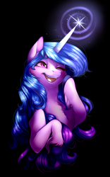 Size: 1672x2680 | Tagged: safe, artist:symphstudio, izzy moonbow, pony, unicorn, g5, black background, eyebrows, female, glowing, glowing horn, high res, hoof on cheek, horn, magic, magic aura, mare, one eye closed, open mouth, open smile, simple background, smiling, solo