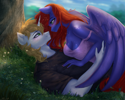 Size: 2500x2000 | Tagged: safe, artist:alicesmitt31, oc, oc only, oc:night coder, oc:pr, pegasus, unicorn, anthro, blushing, breasts, cleavage, clothes, duo, female, green eyes, high res, horn, looking at each other, looking at someone, lying down, lying on the ground, male, oc x oc, proder, shipping, shirt, straight, wings