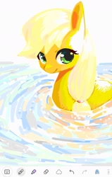 Size: 1078x1694 | Tagged: safe, artist:cheesesauce_45, applejack, earth pony, pony, g4, cute, female, hatless, jackabetes, looking at you, mare, missing accessory, partially submerged, pretty, smiling, smiling at you, solo, sunny day, water