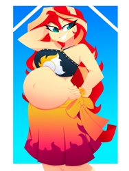 Size: 1500x2000 | Tagged: dead source, safe, artist:xan-gelx, sunset shimmer, human, equestria girls, g4, arm behind head, bare shoulders, belly, belly button, big belly, bikini, bikini top, clothes, commission, eye clipping through hair, eyebrows, eyebrows visible through hair, female, grin, hand on head, hand on hip, looking at you, pregnant, sarong, simple background, sleeveless, smiling, smiling at you, solo, sunset preggers, sunset selfie, swimsuit