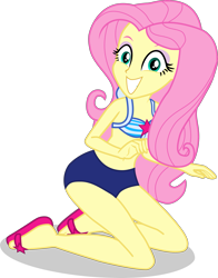 Size: 2357x3011 | Tagged: safe, alternate version, artist:dustinwatsongkx, fluttershy, human, equestria girls, g4, accessory swap, bare shoulders, bikini, clothes, clothes swap, eyebrows, eyeshadow, female, grin, high res, makeup, one-piece swimsuit, sandals, sci-twi swimsuit, shadow, simple background, sleeveless, smiling, solo, swimsuit, swimsuit swap, transparent background