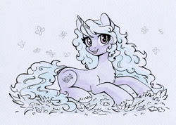 Size: 1300x925 | Tagged: safe, artist:maytee, izzy moonbow, butterfly, pony, unicorn, g5, cute, female, izzybetes, limited palette, looking at you, lying down, mare, open mouth, open smile, prone, smiling, smiling at you, solo
