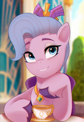 Size: 1755x2546 | Tagged: safe, artist:maren, queen haven, pegasus, pony, g5, adorahaven, chromatic aberration, cup, cute, eye clipping through hair, eyebrows, eyebrows visible through hair, female, grin, high res, looking at you, mare, plate, smiling, smiling at you, solo, table, teacup