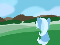 Size: 2048x1536 | Tagged: safe, artist:php176, derpibooru exclusive, trixie, pony, unicorn, g4, distance, facing away, female, forest, grass, grass field, hill, lineless, mare, missing accessory, mountain, mountain range, peaceful, relaxing, scenery, sitting, solo