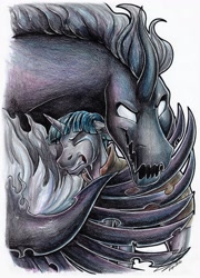 Size: 2498x3475 | Tagged: safe, artist:lupiarts, pony of shadows, stygian, alicorn, pony, unicorn, g4, shadow play, clothes, commission, crying, eyes closed, glowing, glowing eyes, gritted teeth, high res, hug, male, teeth, traditional art, winghug, wings