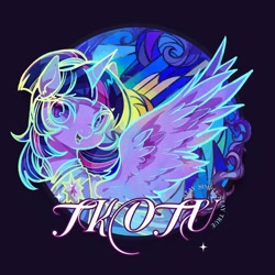 Size: 1080x1080 | Tagged: safe, artist:tkotu434, twilight sparkle, alicorn, pony, g4, the last problem, black background, clothes, coronation dress, dress, female, mare, one wing out, open mouth, open smile, second coronation dress, simple background, smiling, solo, twilight sparkle (alicorn), wings