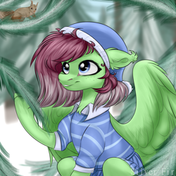 Size: 2000x2000 | Tagged: safe, artist:silverfir, oc, oc:watermelon success, pegasus, pony, squirrel, clothes, day, ear fluff, female, floppy ears, forest, freckles, high res, mare, sitting, smiling, snow, solo, spread wings, wings, winter, winter outfit