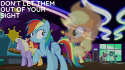 Size: 2000x1125 | Tagged: safe, edit, edited screencap, editor:quoterific, screencap, applejack, chargrill breadwinner, colton john, levon song, lock heart, rainbow dash, sweet buzz, earth pony, pegasus, pony, g4, grannies gone wild, applejack's hat, cowboy hat, female, hat, las pegasus resident, mare