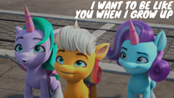 Size: 1920x1080 | Tagged: safe, edit, edited screencap, editor:quoterific, screencap, glory (g5), peach fizz, seashell (g5), earth pony, pegasus, pony, unicorn, ali-conned, g5, my little pony: make your mark, my little pony: make your mark chapter 2, spoiler:my little pony: make your mark, spoiler:my little pony: make your mark chapter 2, spoiler:mymc02e04, female, filly, foal, pippsqueak trio, pippsqueaks
