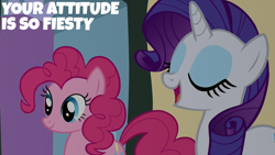 Size: 2000x1125 | Tagged: safe, edit, edited screencap, editor:quoterific, screencap, pinkie pie, rarity, earth pony, pony, unicorn, g4, putting your hoof down, season 2, eyes closed, female, mare, open mouth
