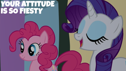 Size: 2000x1125 | Tagged: safe, edit, edited screencap, editor:quoterific, screencap, pinkie pie, rarity, earth pony, pony, unicorn, g4, my little pony: friendship is magic, putting your hoof down, season 2, eyes closed, female, mare, open mouth