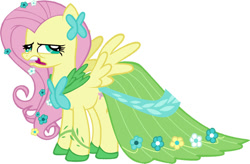 Size: 630x414 | Tagged: artist needed, dead source, safe, fluttershy, pegasus, pony, g4, clothes, dress, female, gala dress, majestic as fuck, mare, show accurate, side view, simple background, solo, spread wings, white background, wings
