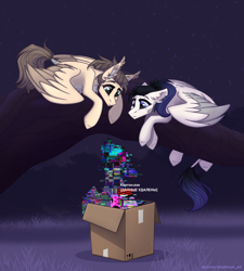 Size: 2761x3063 | Tagged: safe, artist:alrumoon_art, oc, oc only, oc:cardboard.exe, oc:dima, oc:kassandra, earth pony, pegasus, pony, alrumoon halloween ych 2022, box, cyrillic, error, female, glitch, high res, male, mare, russian