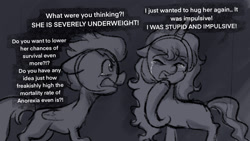 Size: 2006x1130 | Tagged: safe, anonymous artist, izzy moonbow, zipp storm, pegasus, pony, unicorn, series:anorexic sunny, g5, angry, anorexia, concave belly, crying, dialogue, duo, ears back, eyes closed, female, folded wings, gritted teeth, hoof on chin, looking at someone, mare, open mouth, physique difference, slender, speech bubble, talking, tears of anger, teeth, thin, unamused, unshorn fetlocks, wings, yelling, zipp storm is not amused