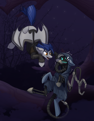 Size: 1854x2388 | Tagged: safe, artist:alrumoon_art, oc, oc only, oc:dusk blade, oc:gear works, bat pony, pony, alrumoon halloween ych 2022, male, night, stars, tree, tree branch