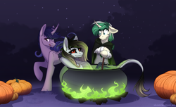 Size: 3175x1925 | Tagged: safe, artist:alrumoon_art, oc, oc only, pony, unicorn, alrumoon halloween ych 2022, cauldron, female, male, mare, night, pumpkin, stars