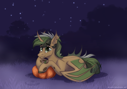 Size: 2388x1668 | Tagged: safe, artist:alrumoon_art, oc, oc only, oc:kirieshka, bat pony, changeling, pony, alrumoon halloween ych 2022, male, night, pumpkin, solo, stars