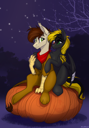 Size: 1668x2388 | Tagged: safe, artist:alrumoon_art, oc, oc only, oc:shade demonshy, oc:swango, hippogriff, pegasus, pony, alrumoon halloween ych 2022, female, male, mare, night, pumpkin, stars