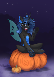 Size: 1668x2388 | Tagged: safe, artist:alrumoon_art, oc, oc only, oc:sinari, changeling, alrumoon halloween ych 2022, blue changeling, female, mare, night, pumpkin, solo, stars