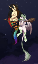 Size: 1950x3301 | Tagged: safe, artist:alrumoon_art, oc, oc only, alicorn, pegasus, pony, alrumoon halloween ych 2022, broom, clothes, female, flying, flying broomstick, mare, night, socks, stars, striped socks