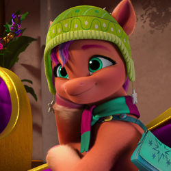 Size: 1080x1080 | Tagged: safe, screencap, izzy moonbow, sunny starscout, earth pony, pony, g5, my little pony: make your mark, my little pony: make your mark chapter 3, winter wishday, spoiler:g5, spoiler:winter wishday, cropped, cute, female, hat, mane stripe sunny, mare, offscreen character, smiling, solo, sunnybetes