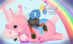Size: 2000x1234 | Tagged: safe, party favor, pony, unicorn, g4, /mlp/ tf2 general, balloon, balloon animal, balloonicorn, confetti, eyes closed, gas mask, mask, pyro (tf2), rainbow, team fortress 2, text
