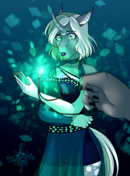 Size: 2436x3284 | Tagged: safe, artist:askbubblelee, oc, oc only, oc:artemis bluemoon, bat pony, bat pony unicorn, hybrid, unicorn, anthro, unguligrade anthro, anthro oc, cellphone, clothes, crystal, digital art, female, glowing, high res, horn, jewelry, mare, necklace, offscreen character, phone, slit pupils, story in the source, surprised