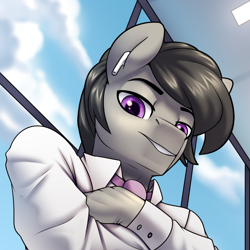 Size: 1220x1220 | Tagged: safe, artist:jedayskayvoker, octavia melody, earth pony, anthro, comic:play the record, g4, advertisement, airpods, daddy, daddy kink, dilf, looking at you, male, necktie, octavius, office, patreon, patreon exclusive, patreon preview, rule 63, solo, stallion