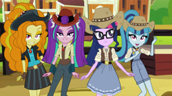 Size: 4000x2240 | Tagged: safe, artist:ajosterio, artist:aqua-pony, artist:bigpurplemuppet99, adagio dazzle, aria blaze, sci-twi, sonata dusk, twilight sparkle, human, equestria girls, g4, cowboy hat, cowgirl, cowgirl outfit, group, hat, quartet, stetson, the dazzlings