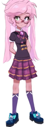 Size: 320x896 | Tagged: safe, ai assisted, ai content, artist:rainbowstarcolour262, generator:pinegraph, oc, oc only, oc:taffycoat, human, equestria girls, g4, anime, blouse, clothes, cute, female, glasses, hand behind back, looking at you, pigtails, school uniform, shoes, simple background, skirt, socks, solo, twintails, white background