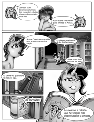 Size: 1734x2244 | Tagged: safe, artist:fdyna, princess celestia, sunset shimmer, pony, spider, unicorn, comic:noche de estudios, g4, book, comic, library, monochrome, spanish, spider web