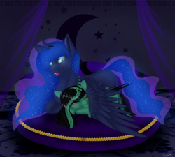 Size: 10000x9000 | Tagged: safe, artist:ginnythequeen, princess luna, oc, oc:ginny, alicorn, pony, g4, bed, bedroom, bedtime, glowing, glowing eyes, glowing mane, hug, lying down, lying on bed, on bed, sleeping, winghug, wings