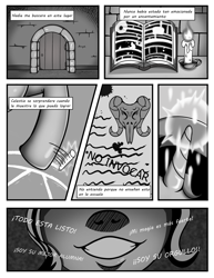 Size: 1734x2244 | Tagged: safe, artist:fdyna, sunset shimmer, pony, unicorn, comic:noche de estudios, g4, book, candle, comic, glowing, glowing horn, horn, magic, magic circle, monochrome, spanish, summoning circle