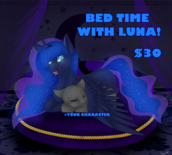 Size: 10000x9000 | Tagged: safe, artist:ginnythequeen, princess luna, oc, alicorn, pony, unicorn, g4, absurd resolution, commission, duo, ethereal mane, ethereal tail, eyes closed, female, hug, lidded eyes, lying down, mare, open mouth, open smile, prone, sleeping, smiling, solo, starry mane, starry tail, tail, winghug, wings, your character here