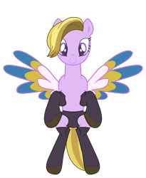 Size: 849x1036 | Tagged: safe, alternate version, artist:westrail642fan, dazzle feather, pegasus, pony, g4, g5, bipedal, clothes, colored wings, concave belly, g5 to g4, generation leap, panties, see-through, simple background, slender, socks, solo, spread wings, thin, transparent background, underwear, unshorn fetlocks, westrail642fan's cadance template, wings