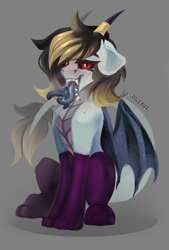 Size: 1138x1683 | Tagged: safe, artist:mirage, oc, oc only, bat pony, dragon, clothes, commission, dragon oc, female, horns, latex, latex socks, non-pony oc, socks, solo, tongue out
