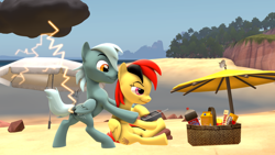 Size: 3840x2160 | Tagged: safe, artist:charlydasher, oc, oc:golden bullet, oc:rainy day, pegasus, pony, 3d, beach, bedroom eyes, burn marks, burned, burned butt, butt, cuddling, electrocution, female, flirting, high res, lightning, literal butthurt, male, mare, nuzzling, pain, pegasus oc, playful, plot, prank, recreation, scorched, shenanigans, smoke, snacks, source filmmaker, stallion, stormcloud, umbrella, we don't normally wear clothes