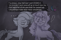 Size: 1058x702 | Tagged: safe, anonymous artist, izzy moonbow, sunny starscout, zipp storm, pegasus, pony, unicorn, series:anorexic sunny, g5, ..., anorexia, crying, distressed, offscreen character, regret