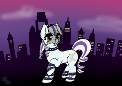 Size: 3508x2480 | Tagged: safe, artist:exobass, oc, oc:honeydrop, earth pony, pony, collar, female, high res, manehattan, mare, not countess coloratura, skyline, solo