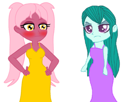 Size: 879x722 | Tagged: safe, artist:rainbowstarcolour262, cold forecast, oc, oc:taffycoat, human, equestria girls, g4, :c, >:c, angry, bare shoulders, blushing, clothes, cold forecast is not amused, description is relevant, dress, duo, embarrassed, female, frown, glare, hand on hip, looking at each other, looking at someone, pigtails, simple background, sleeveless, sleeveless dress, transparent background, twintails, unamused